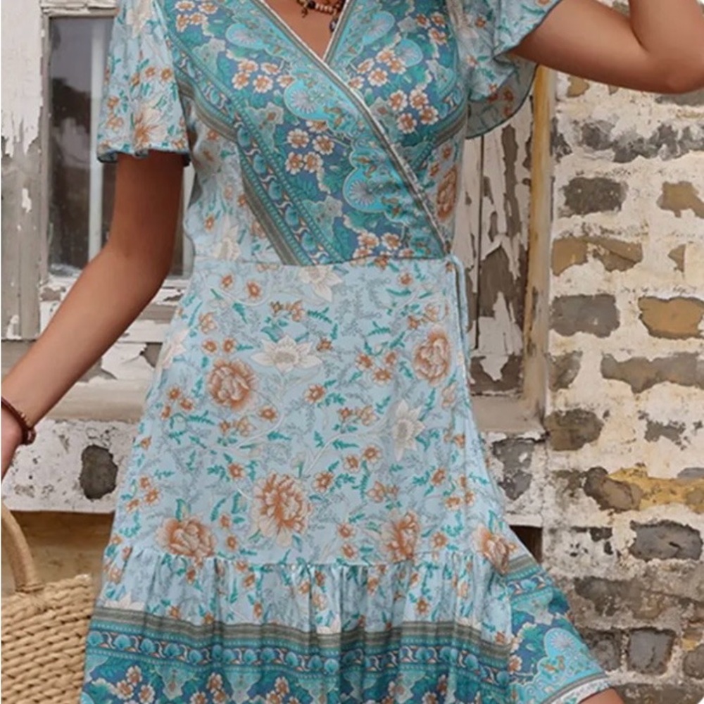 Bohemian Floral Wrap Maxi Dress in Light Blue